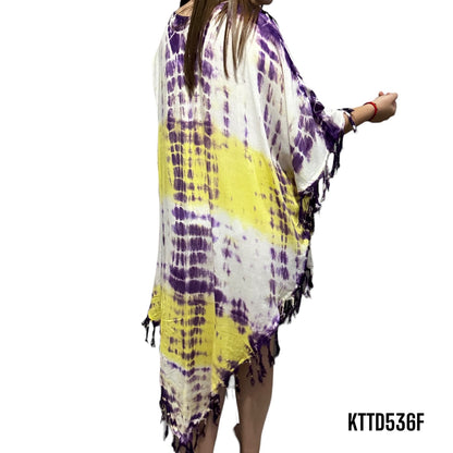 Vestido de Dama Estampado Lila y Amarillo con Flecos