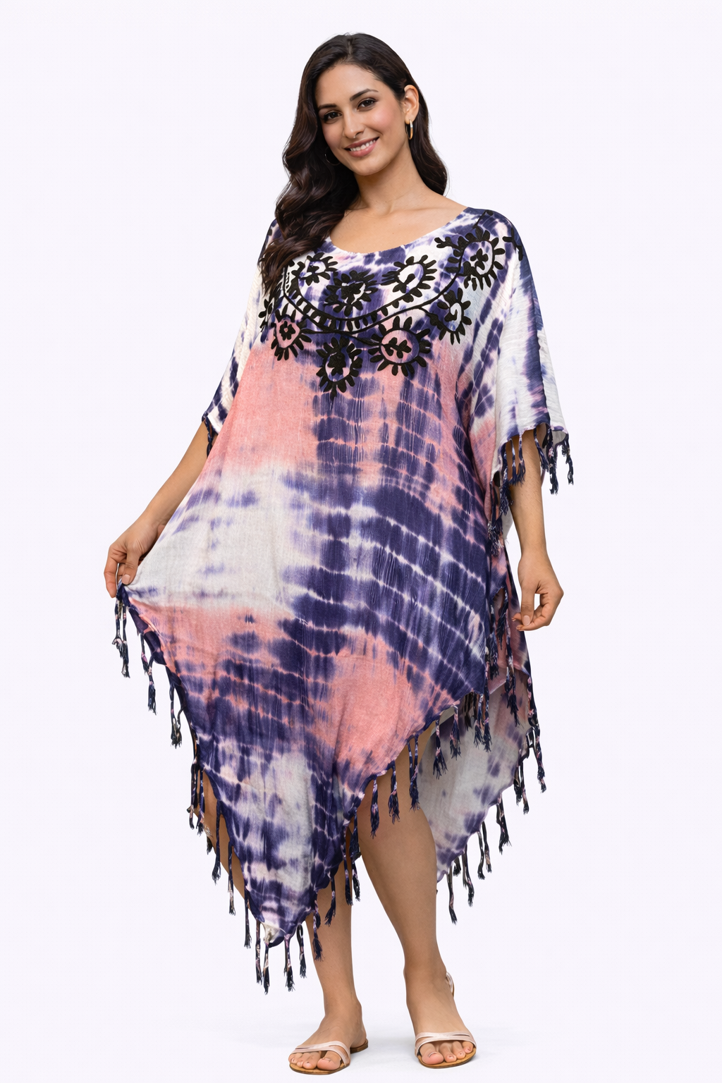 Vestido de Dama con Flecos Estampado Rosado y Morado