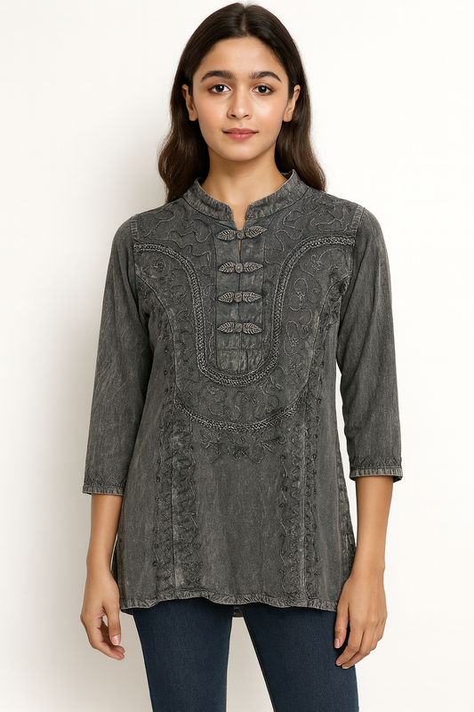 Blusa étnica bordada color gris Mangas 3/4