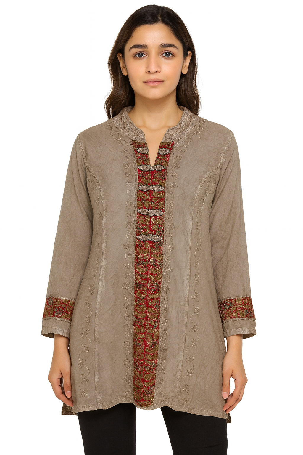 Blusa Gris Claro Estampado con Bordados Floreados Manga 3/4