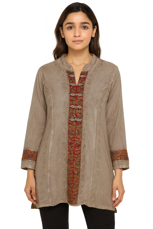 Blusa Gris Claro Estampado con Bordados Floreados Manga 3/4