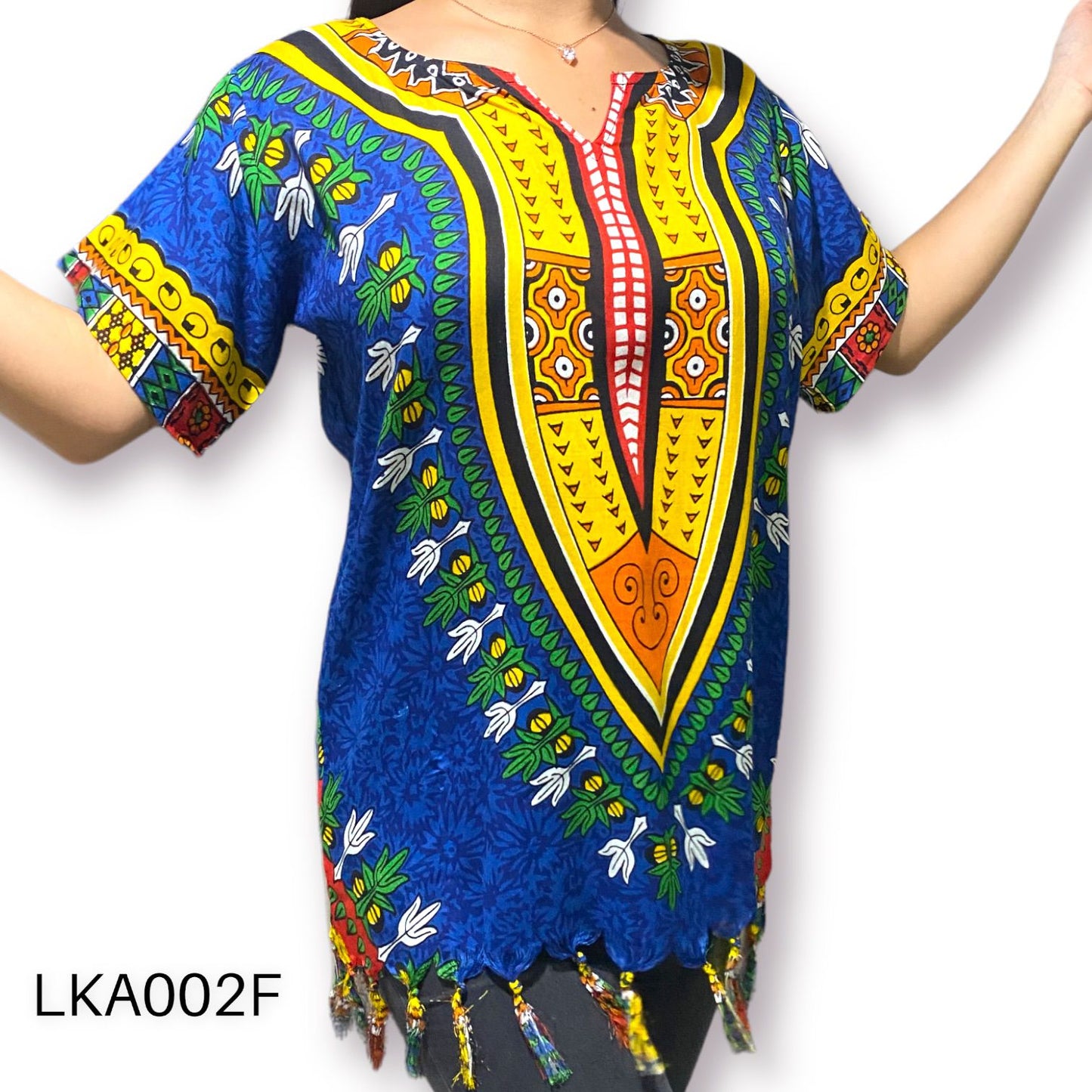 Blusa de Dama Afrocaribeña Azul con Flecos