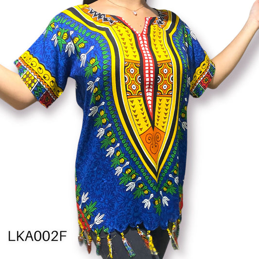 Blusa de Dama Afrocaribeño Azul con Flecos