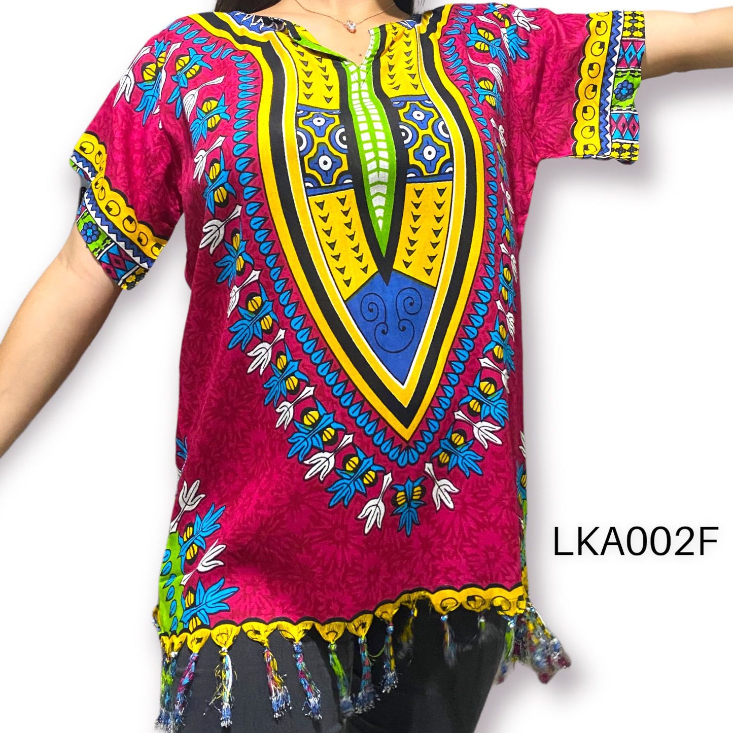 Blusa de Dama Afrocaribeño Fucsia con Flecos