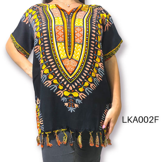 Blusa de Dama Afrocaribeña Negra con Flecos