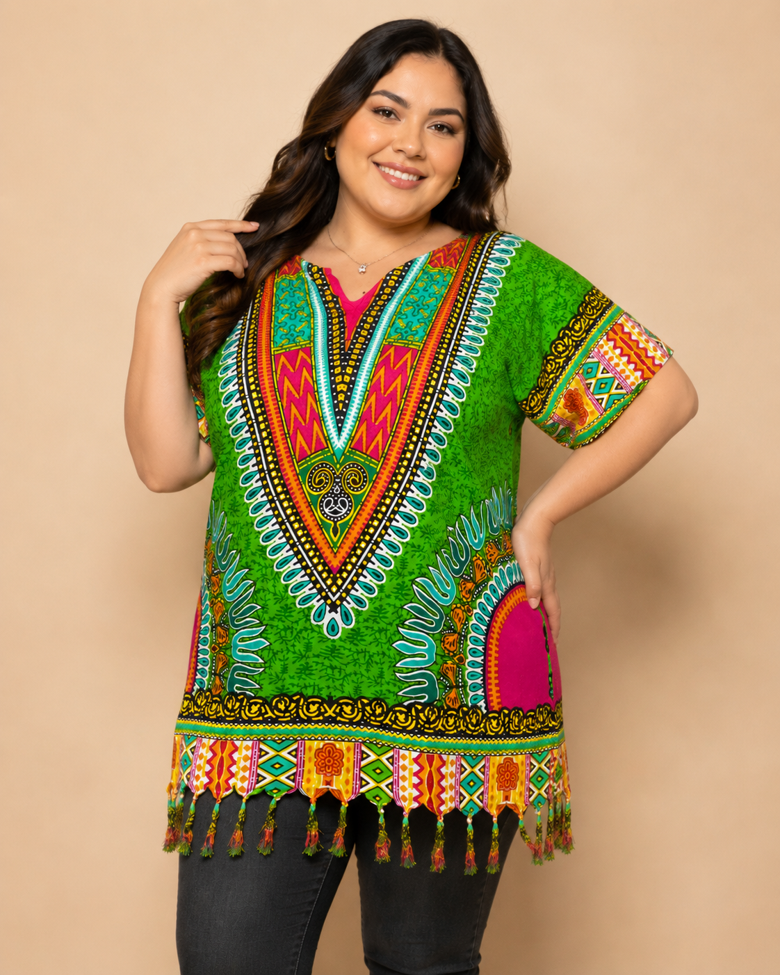 Women's Afro-Caribbean Green Blouse with Fringes