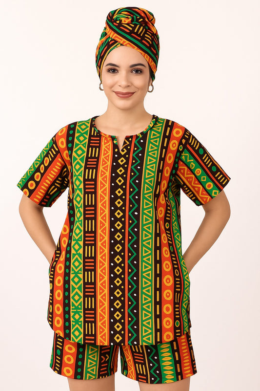 Set Traje Afrocaribeño de Dama de 3 piezas. Blusa, Short y Turbante. Celebracion Afrodescendiente Dia del Negro