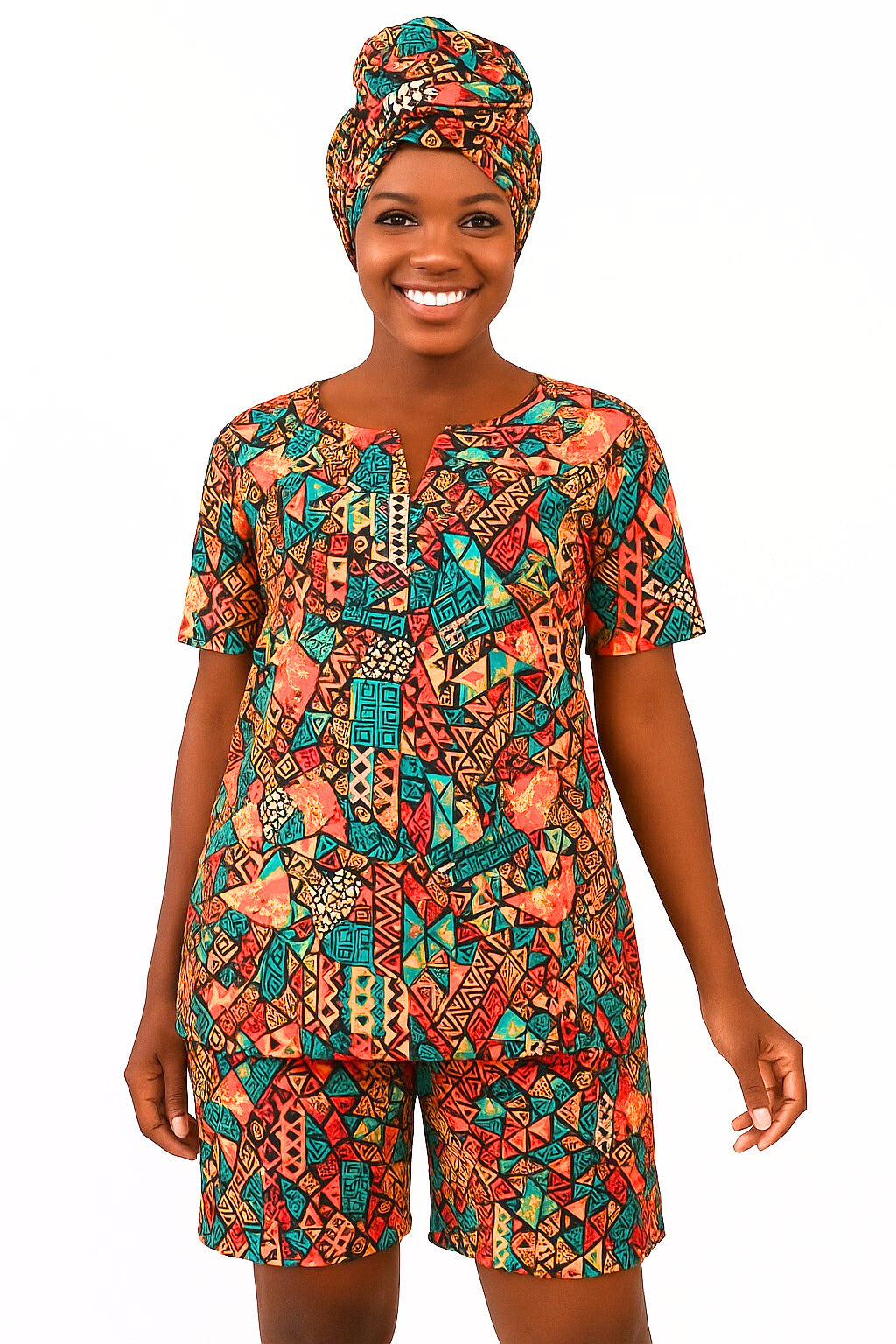 Set Traje Afrocaribeño de Dama de 3 piezas. Blusa, Short y Turbante. Celebracion Afrodescendiente Dia del Negro