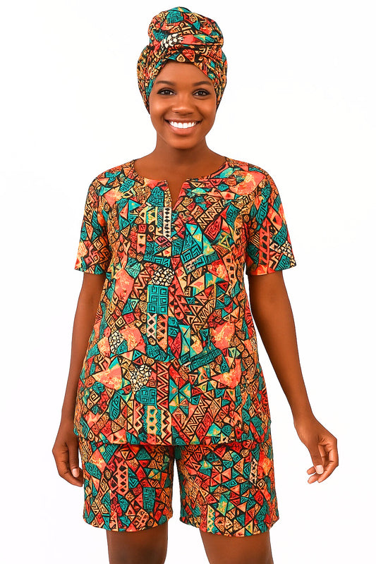 Set Traje Afrocaribeño de Dama de 3 piezas. Blusa, Short y Turbante. Celebracion Afrodescendiente Dia del Negro