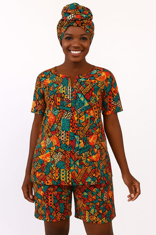 Set Traje Afrocaribeño de Dama de 3 piezas. Blusa, Short y Turbante. Celebracion Afrodescendiente Dia del Negro