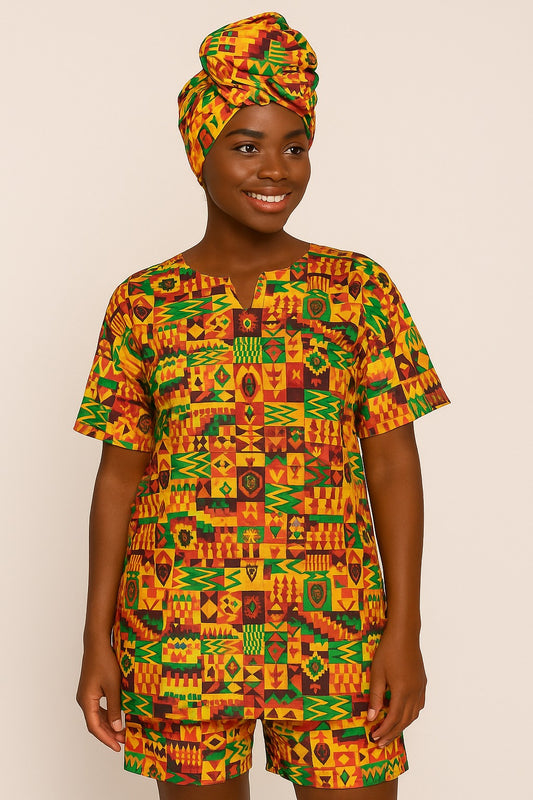 Set Traje Afrocaribeño de Dama de 3 piezas. Blusa, Short y Turbante. Celebracion Afrodescendiente Dia del Negro
