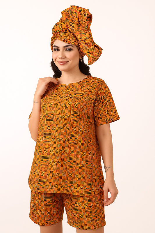 Set Traje Afrocaribeño de Dama de 3 piezas. Blusa, Short y Turbante. Celebracion Afrodescendiente Dia del Negro