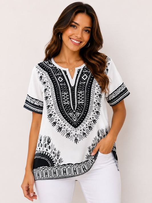 Blusa Afrocaribeña de Dama Estampado Blanco con Negro