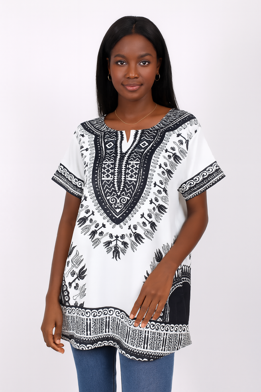 Blusa Afrocaribeña de Dama Estampado Blanco con Negro