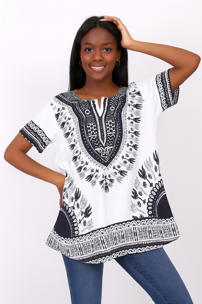 Blusa Afrocaribeña de Dama Estampado Blanco con Negro