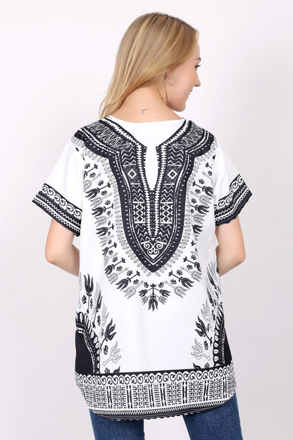 Blusa Afrocaribeña de Dama Estampado Blanco con Negro