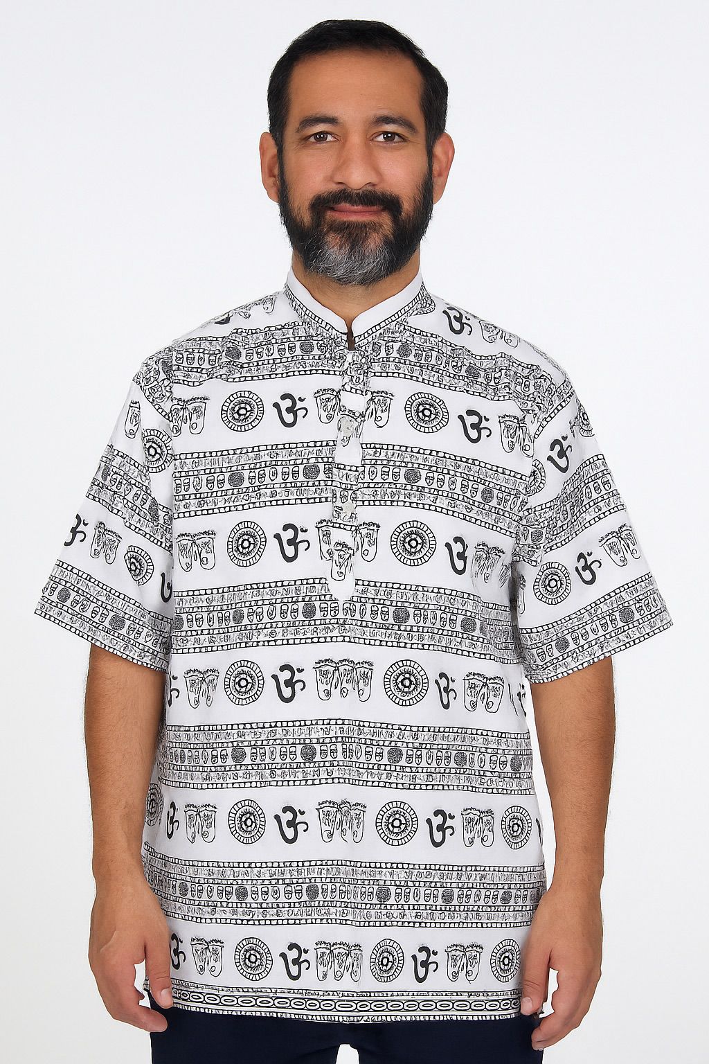 Camisa Kurta de Hombre Mangas Cortas Estampado Om Blanca