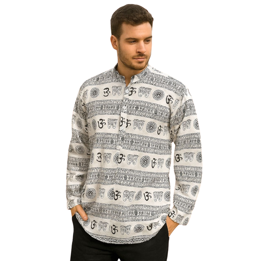 Camisa Kurta de Hombre Mangas Largas Estampado Om Blanca