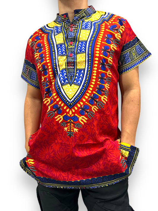 Camisa de Hombre de Botones con Estampado Afrocaribeño Rojo