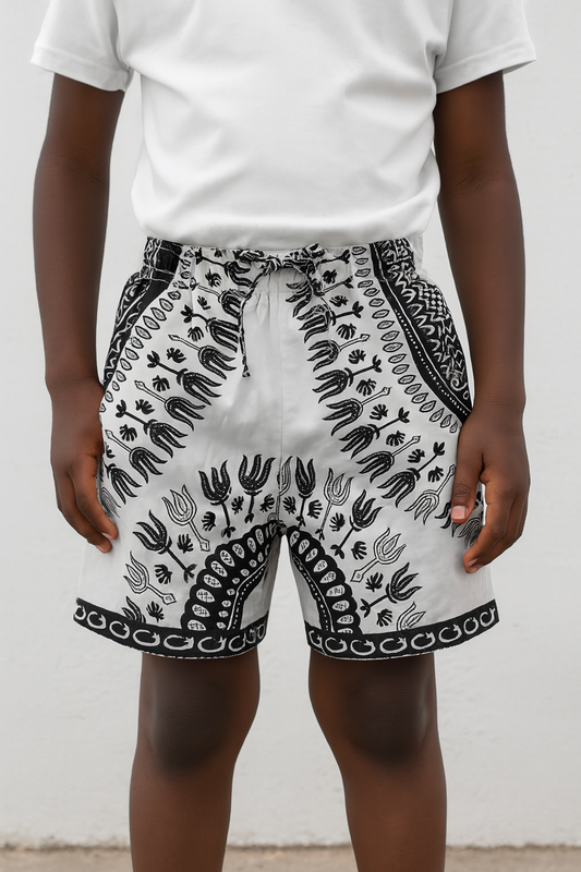 Short Afrocaribeño de Niño o Niña (Unisex) Estampado Blanco con Negro