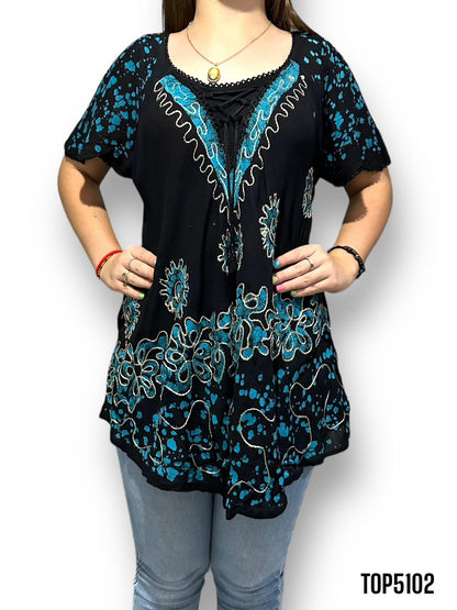 Blusa de Dama Negro con Azul con Mangas