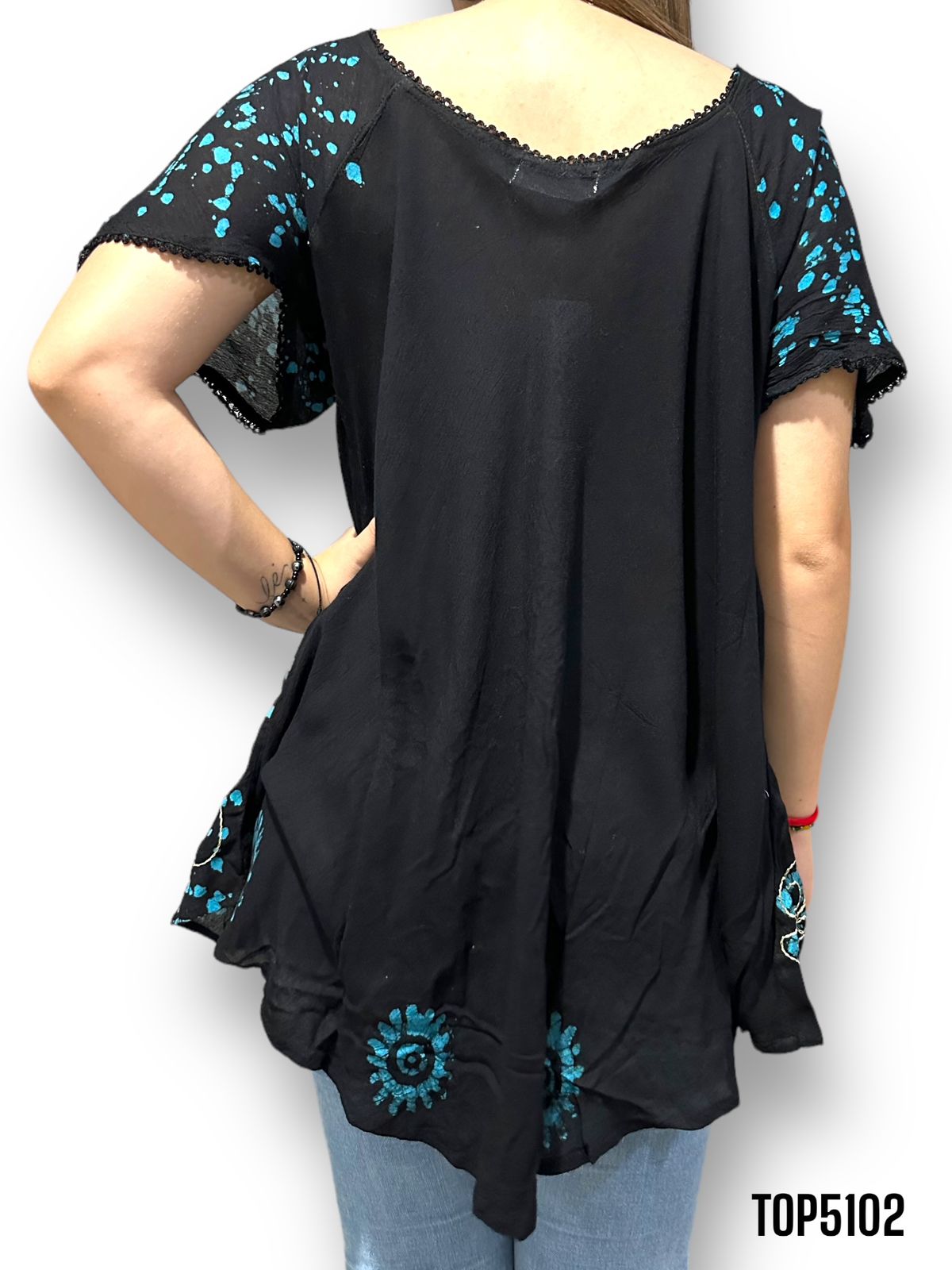 Blusa de Dama Negro con Azul con Mangas