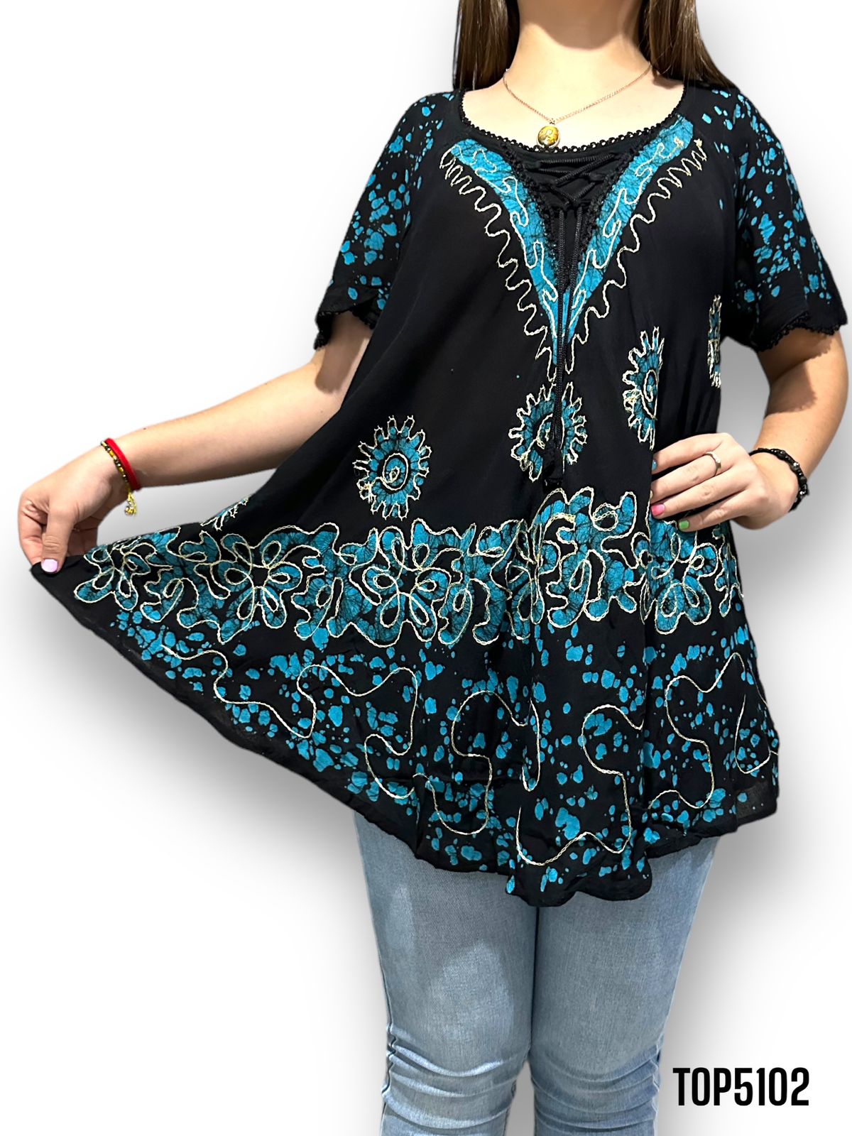 Blusa de Dama Negro con Azul con Mangas