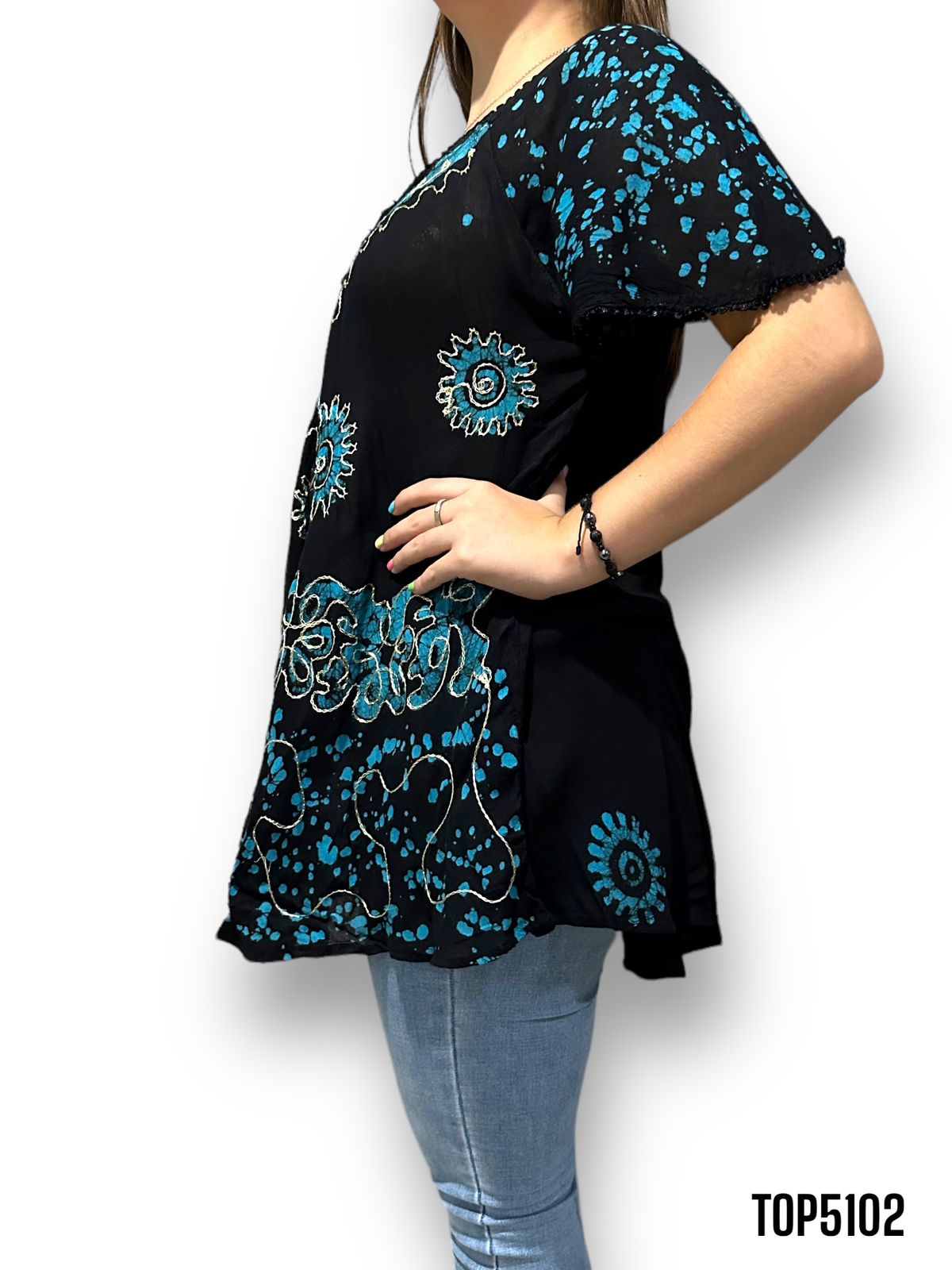 Blusa de Dama Negro con Azul con Mangas