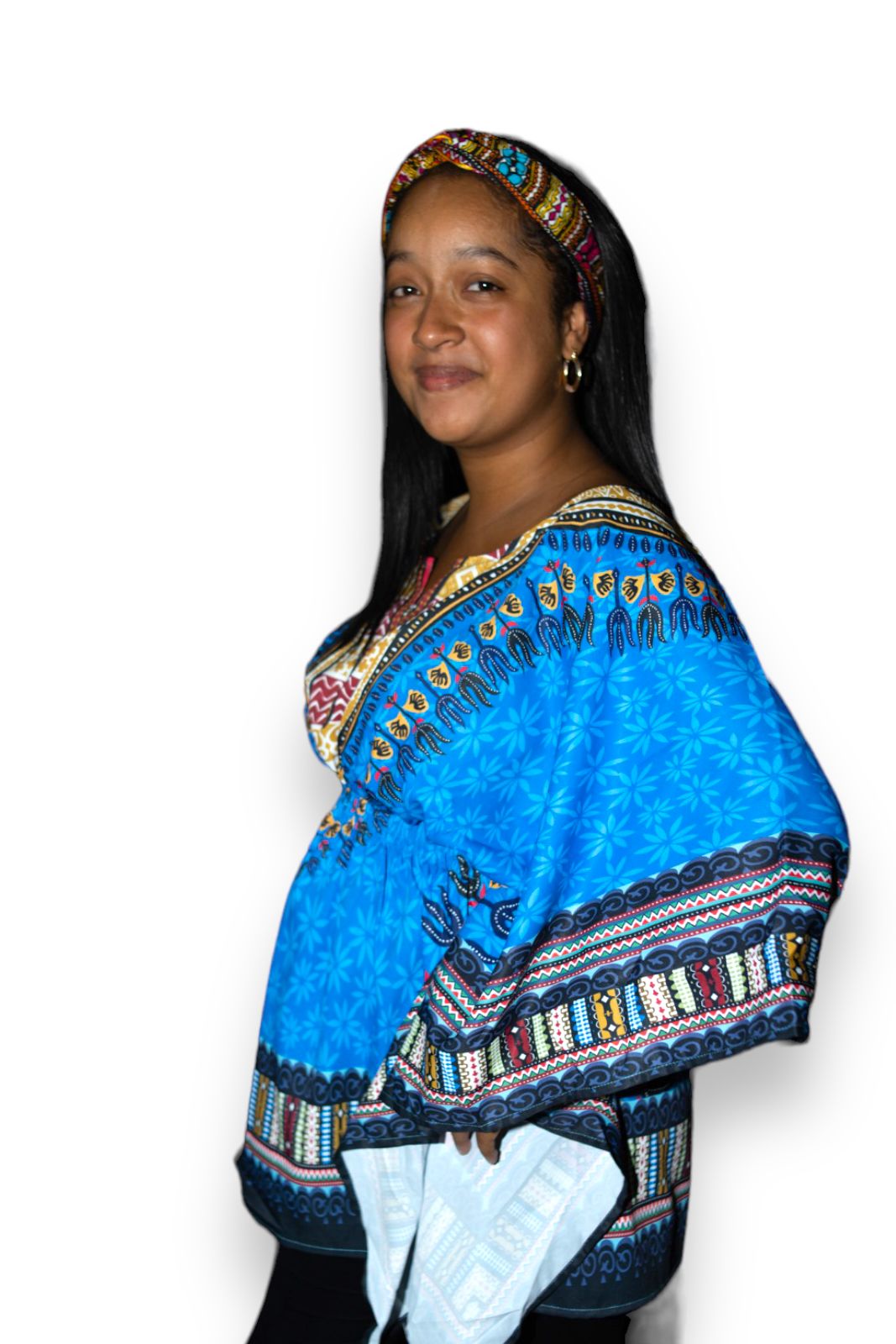 Top Blusa de Dama con Estampado Afrocaribeño Azul