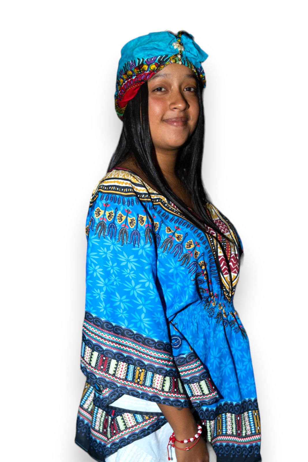 Top Blusa de Dama con Estampado Afrocaribeño Azul