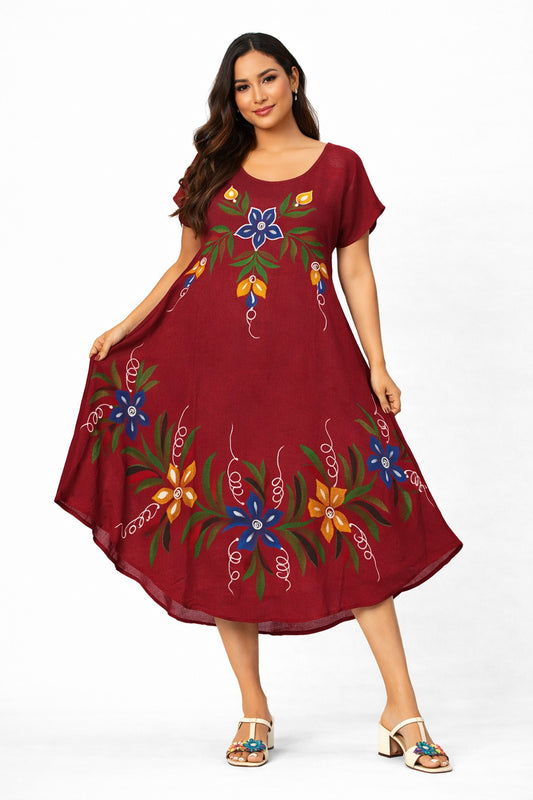 Kiara Wine Red Vibrant Floral Boho Dress