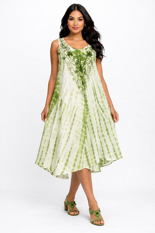 Veda Green Tie-Dye Embroidered Top Dress