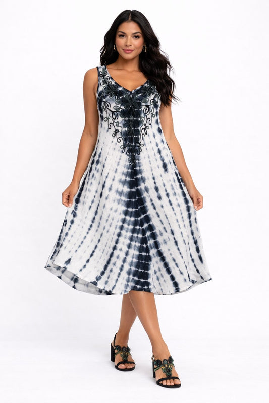 Veda Black Tie-Dye Embroidered Top Dress