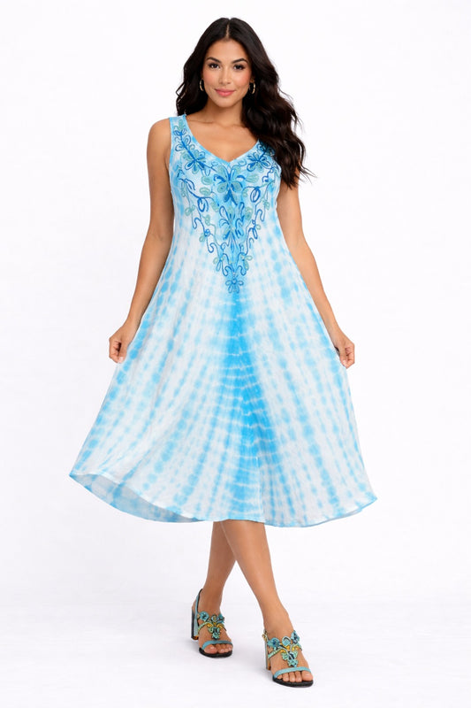 Veda Sky Blue Tie-Dye Embroidered Top Dress