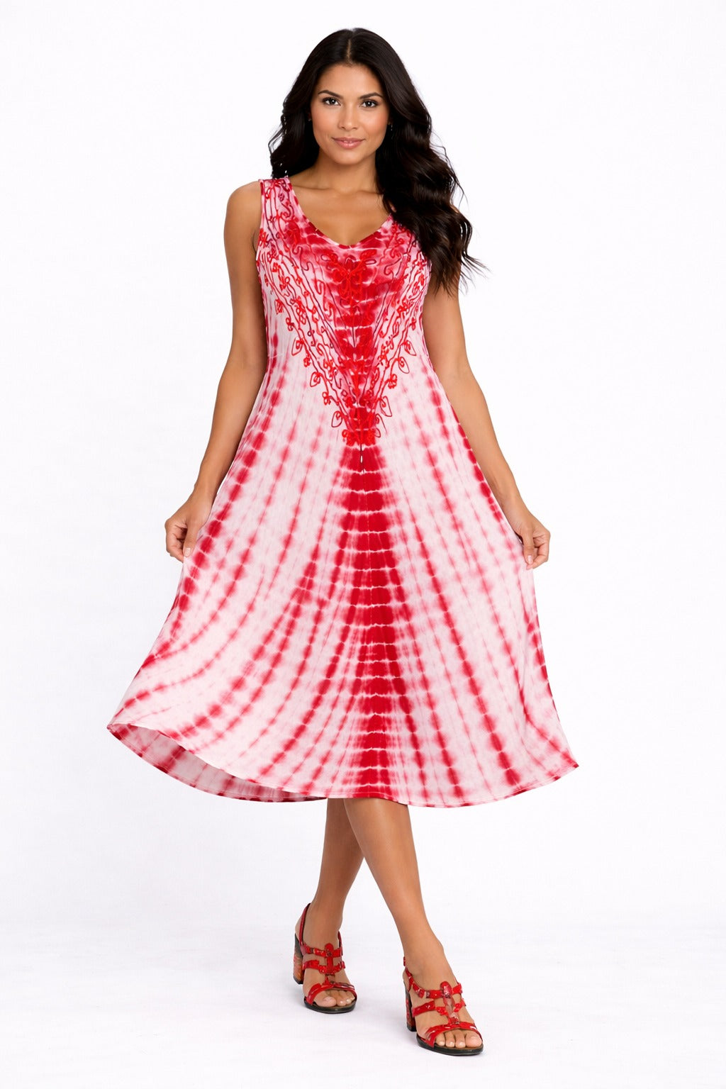 Red Veda Tie-Dye Embroidered Top Dress