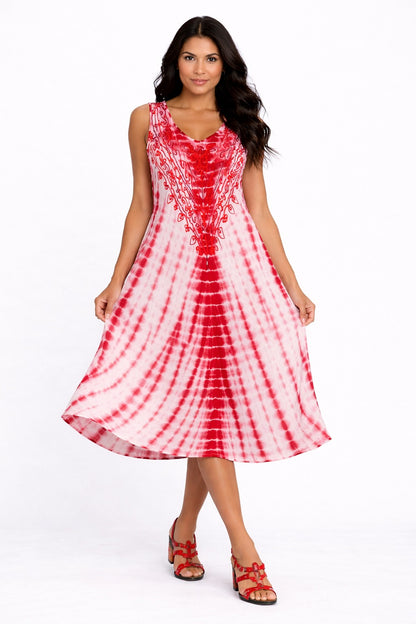 Red Veda Tie-Dye Embroidered Top Dress