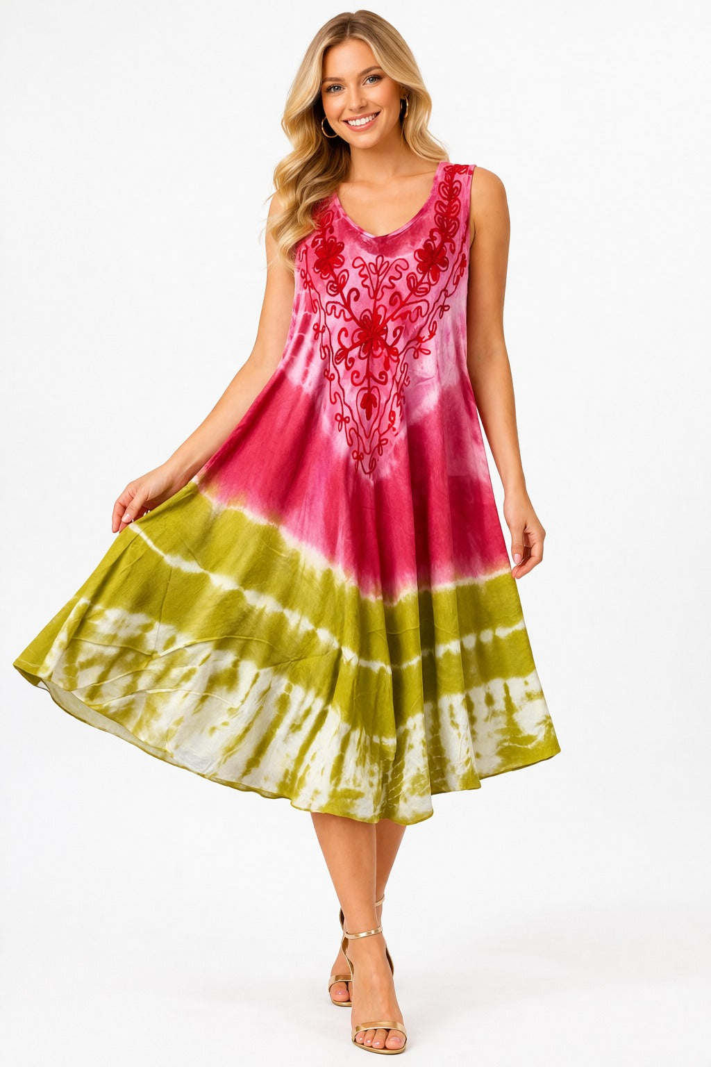 Diya Pink with Green Tie-Dye Embroidered Top Dress