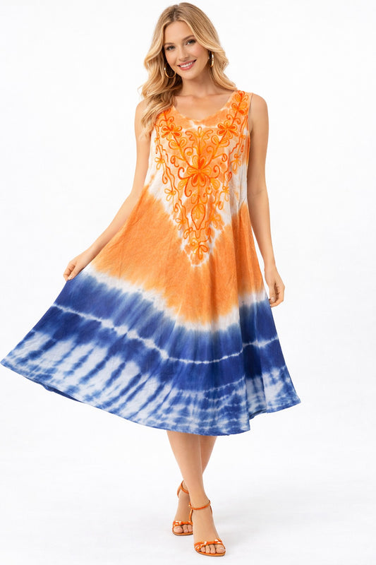 Orange Diya Dress with Blue Tie Dye Embroidered Top