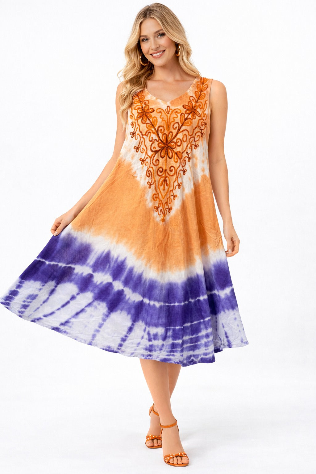 Orange and Purple Tie-Dye Embroidered Top Diya Dress