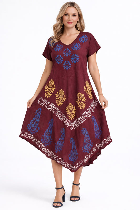 Vestido Saanvi Vino Estampado Bohemio