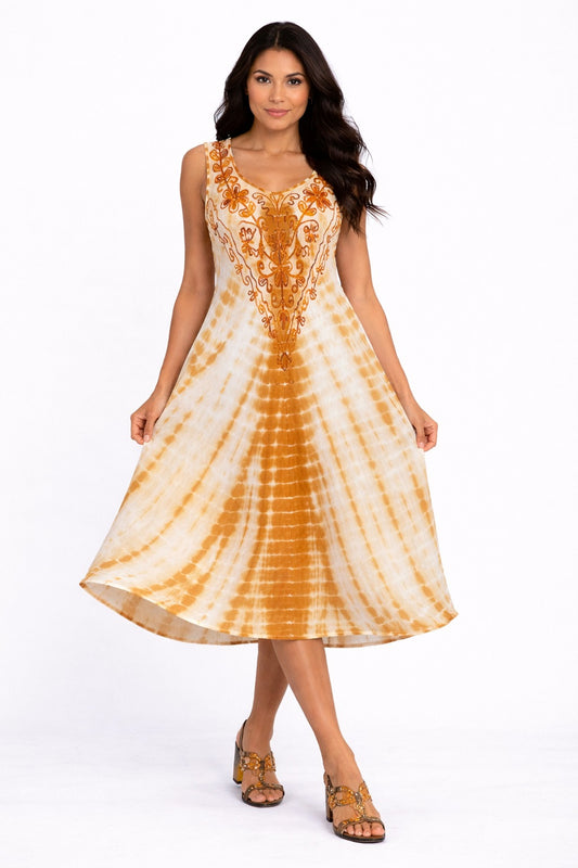 Veda Orange Tie-Dye Embroidered Top Dress