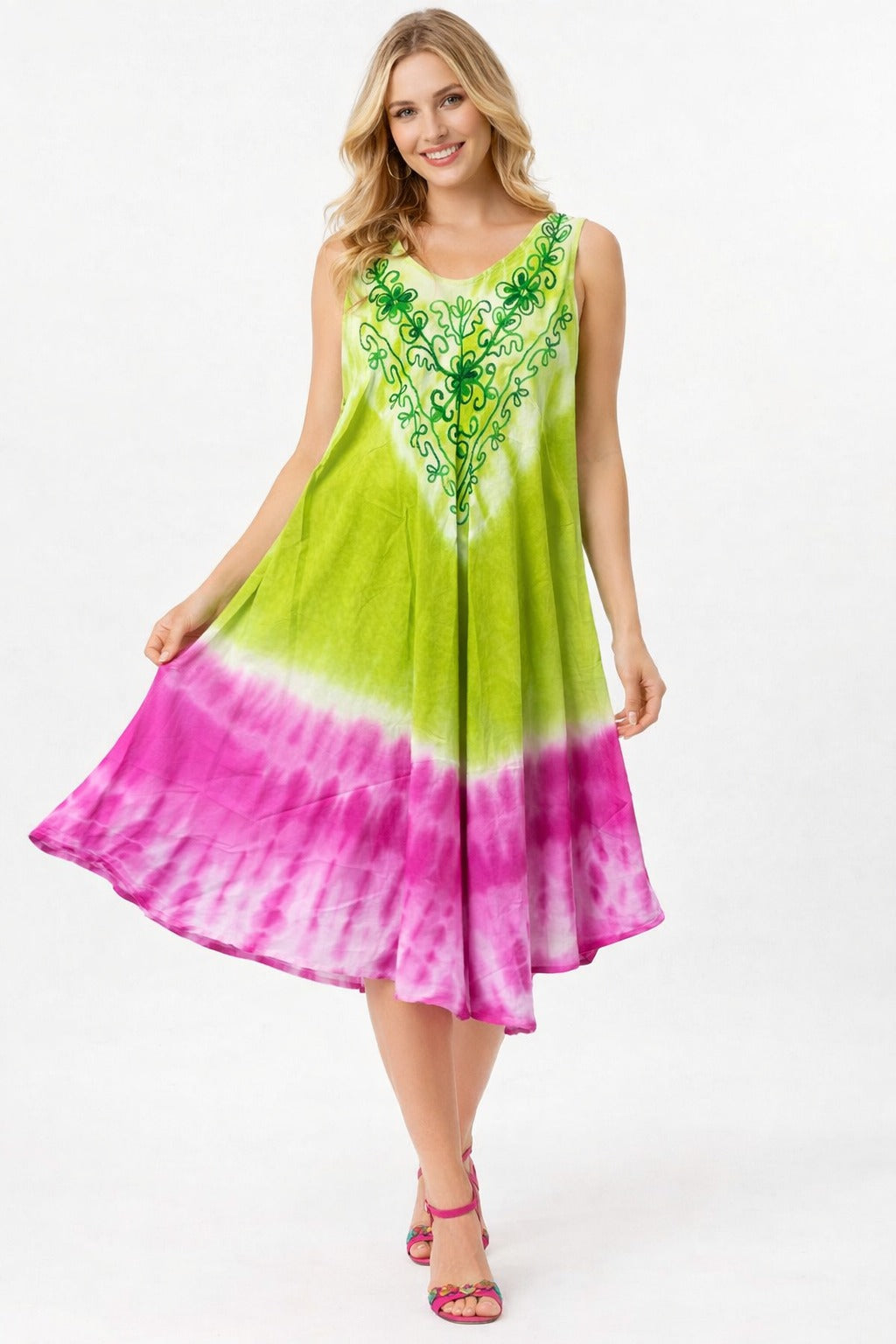 Diya Green Dress with Pink Tie-Dye Embroidered Top