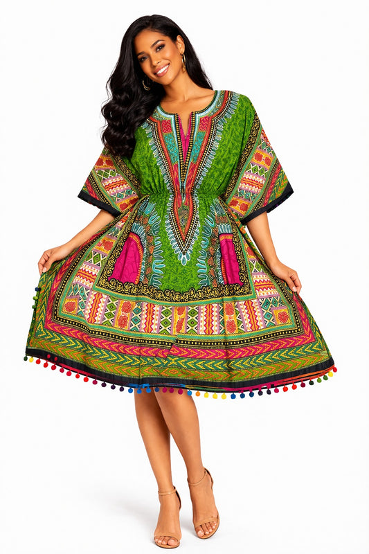 Blusa Kaftán Verde Con Rosado Estilo Africano Multicolor