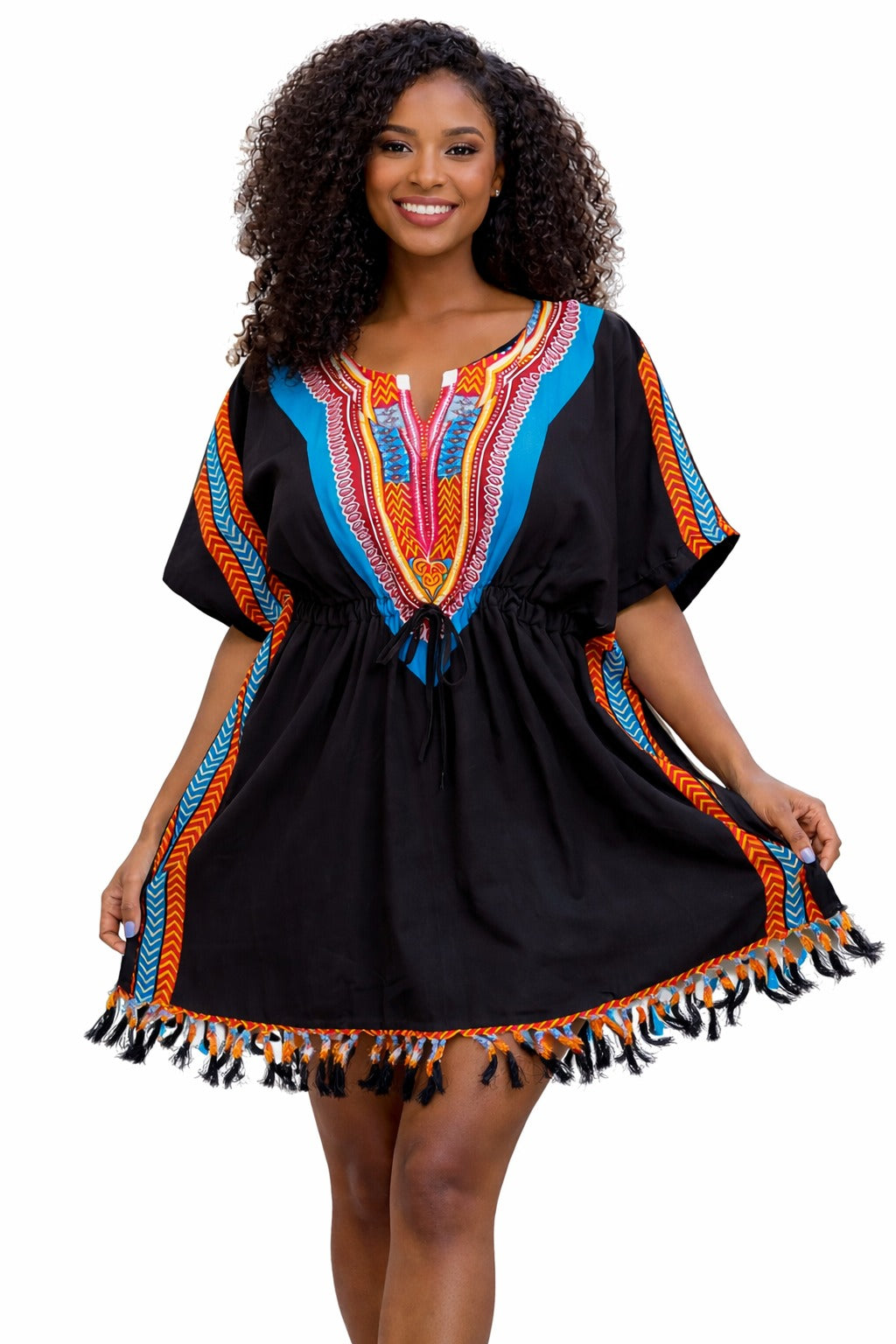 Blusa Kaftán Africana Negra Con Celeste