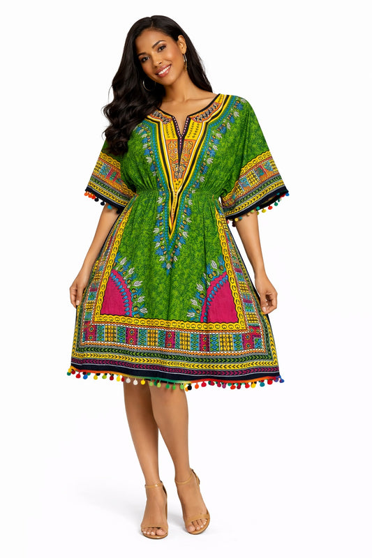 Blusa Kaftán Verde Con Amarillo Estilo Africano Multicolor