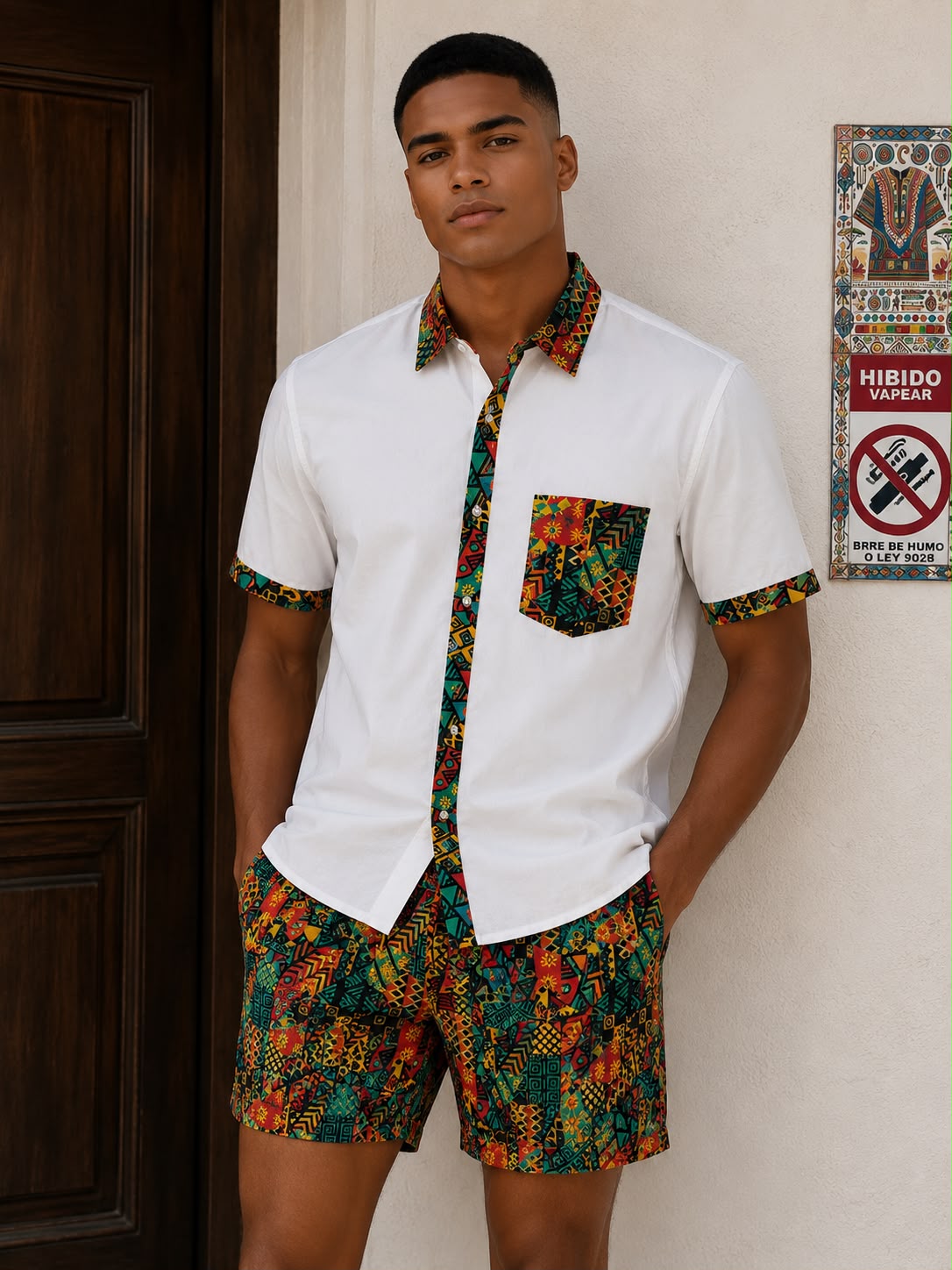 Camisa Blanca de Hombre Afrocaribeño de Botones Cuello - Moda Afrodescendiente