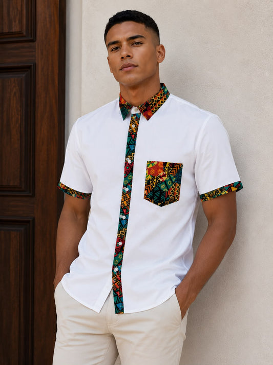 Camisa Blanca de Hombre Afrocaribeño de Botones Cuello - Moda Afrodescendiente