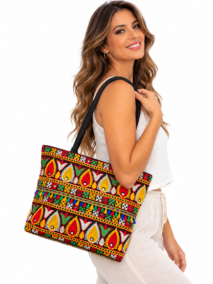 Bolso Cartera Mediano Bordado de Flores India