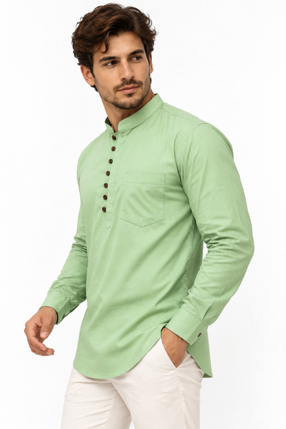 Camisa Verde Claro de Hombre Mangas Largas Cuello Chino