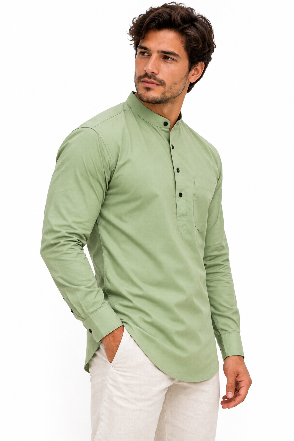 Camisa Verde Agua Hombre Mangas Largas Cuello Chino